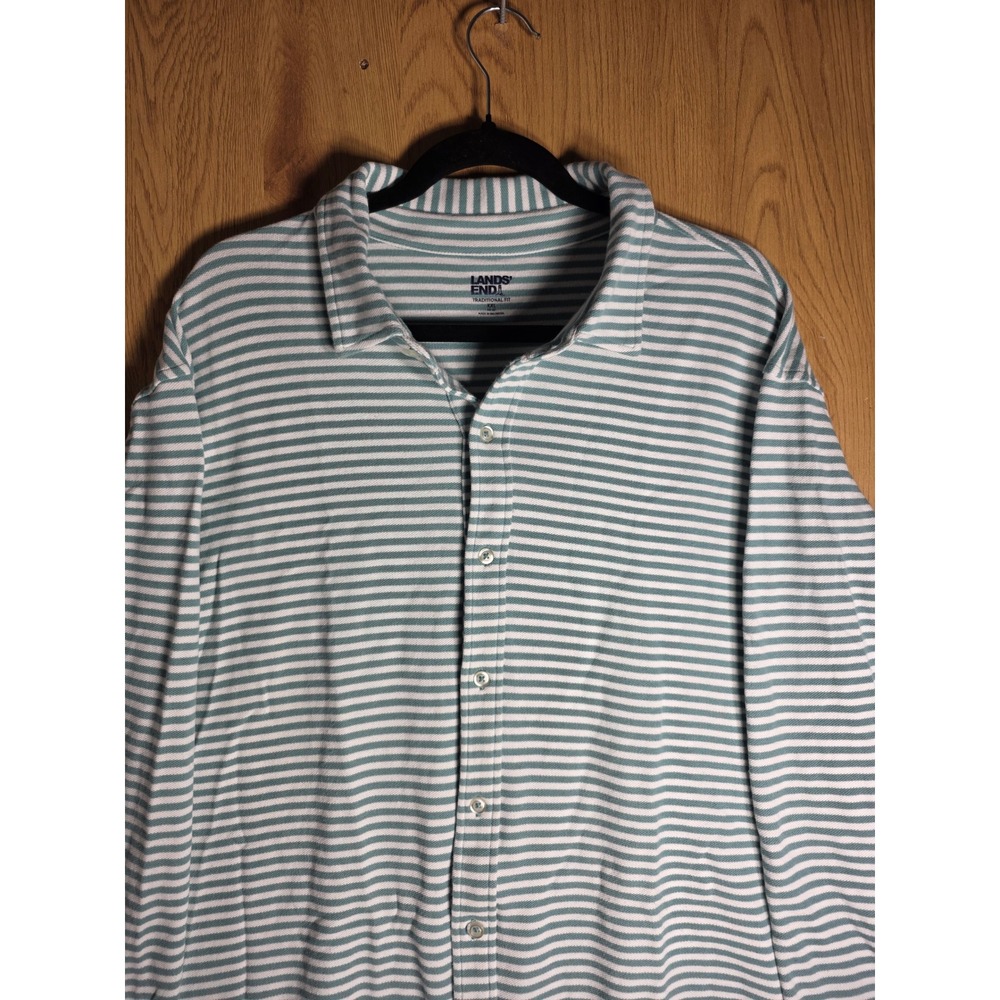 Lands End Mens XXL Long Sleeve Polo Shirt Traditional Fit Teal White Striped